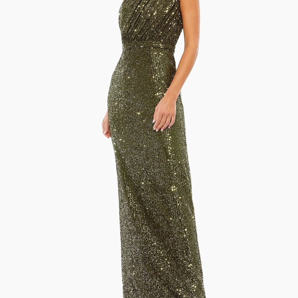 Like New - Worn Once - Mac Duggal One Shoulder Olive Sequin Dress